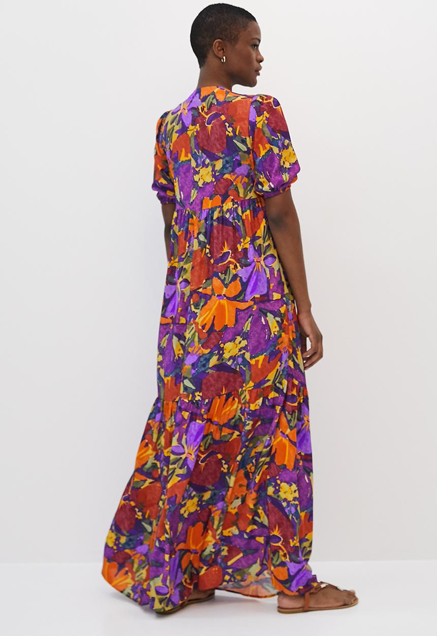 edit - Bellow sleeve tiered a-line maxi - bold artsy tropical