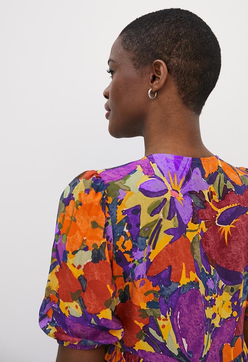 edit - Bellow sleeve tiered a-line maxi - bold artsy tropical