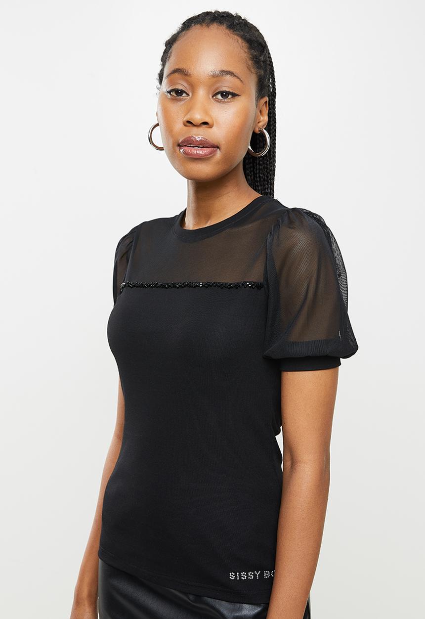 SISSY BOY - Fashion puff sleeve bling logo top - black