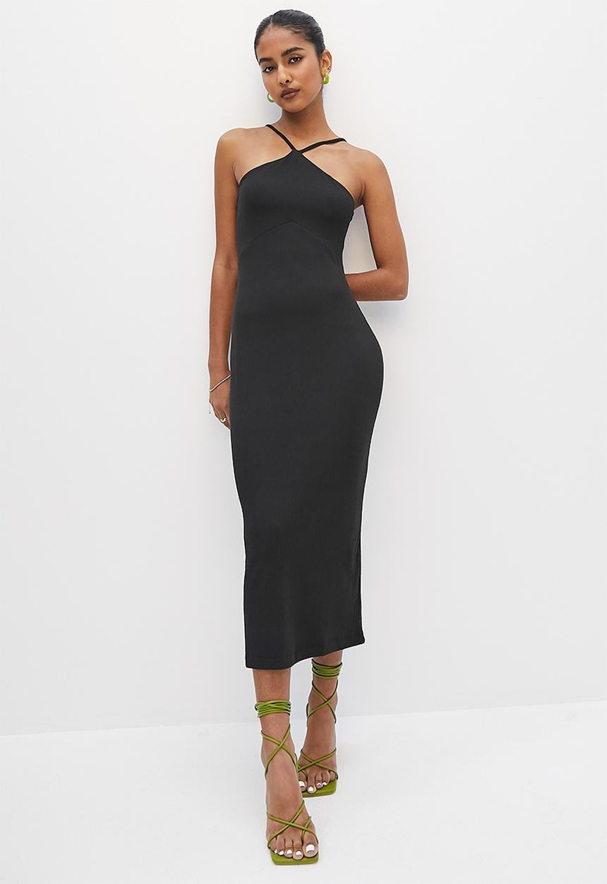 VELVET - Halter dressy rib colunm midi dress - black