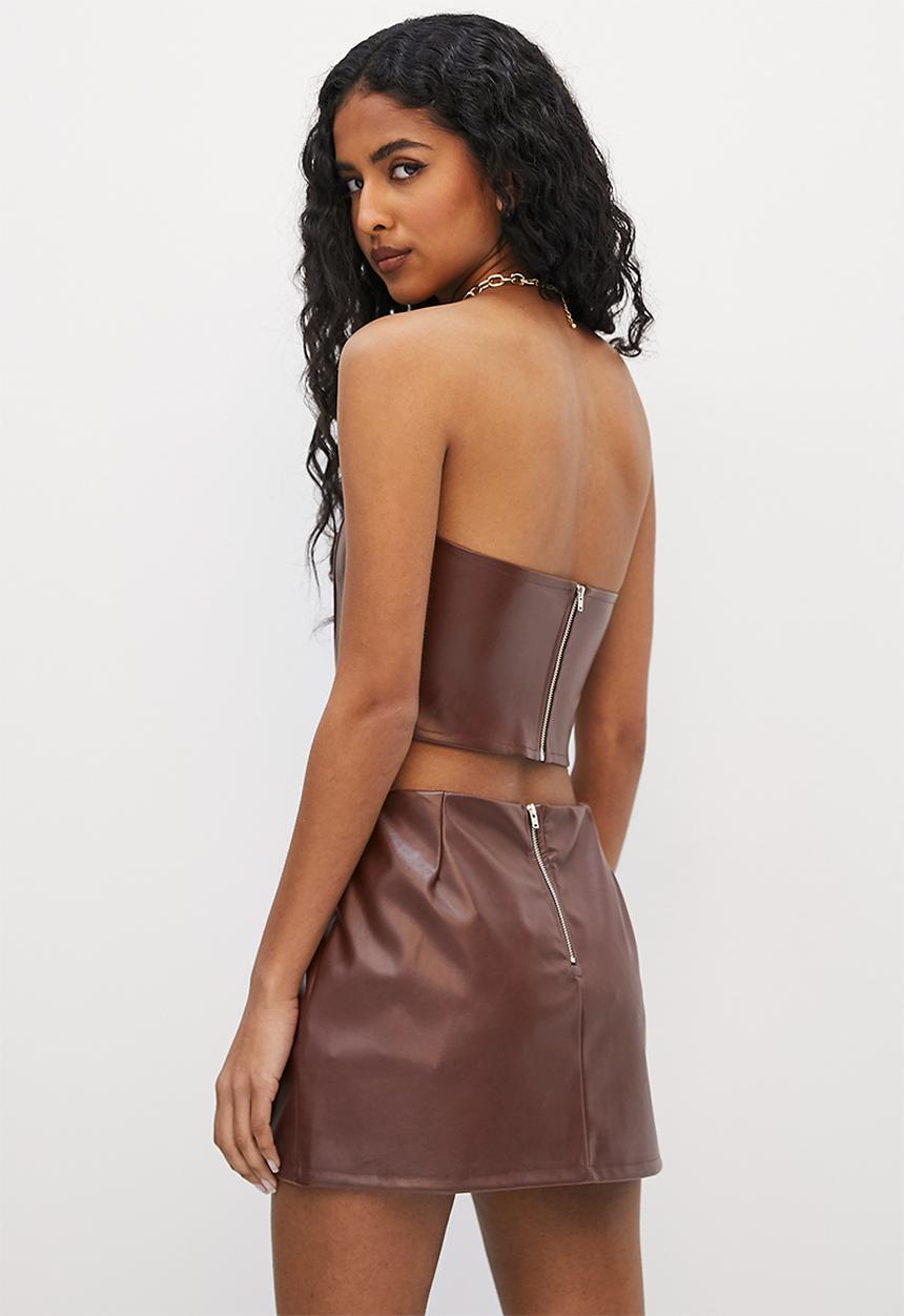 VELVET - Pu corset cropped top - chocolate