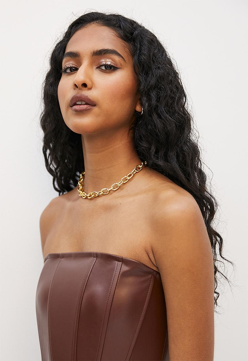 VELVET - Pu corset cropped top - chocolate