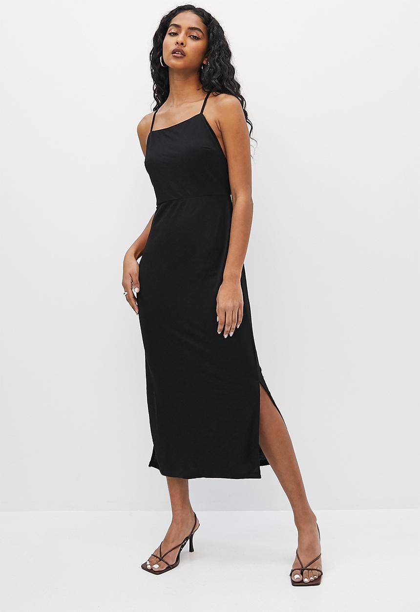 VELVET - Knit strappy open back column dress - black