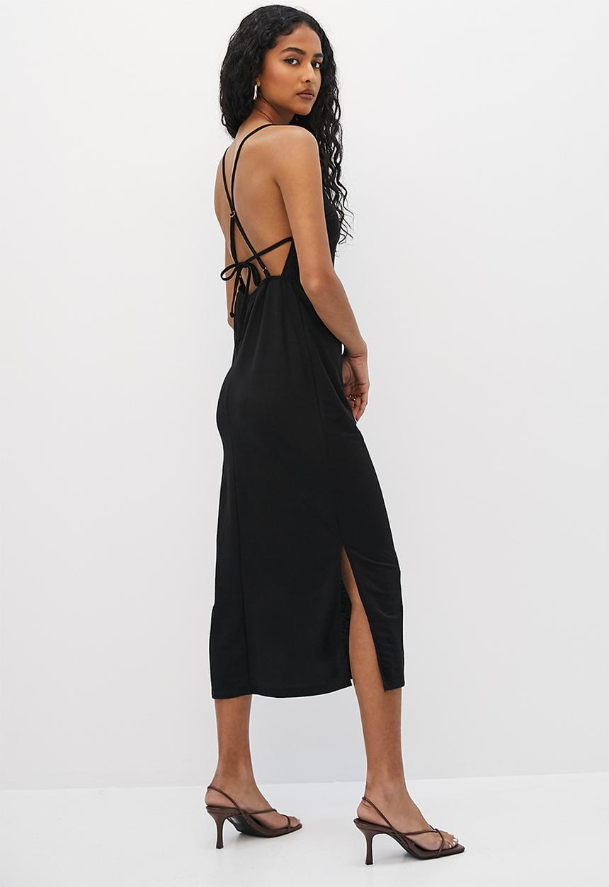 VELVET - Knit strappy open back column dress - black