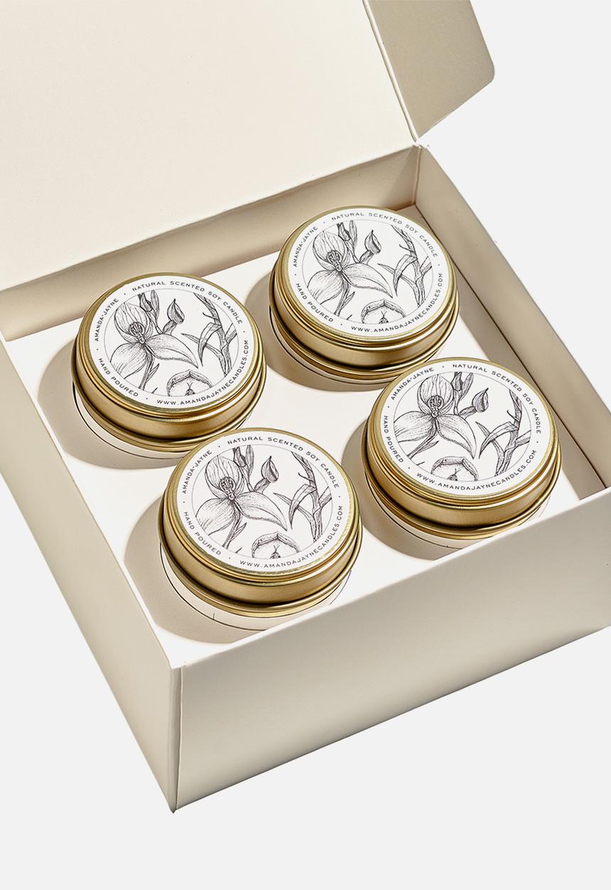 Amanda Jayne - Four gold tin candle gift set