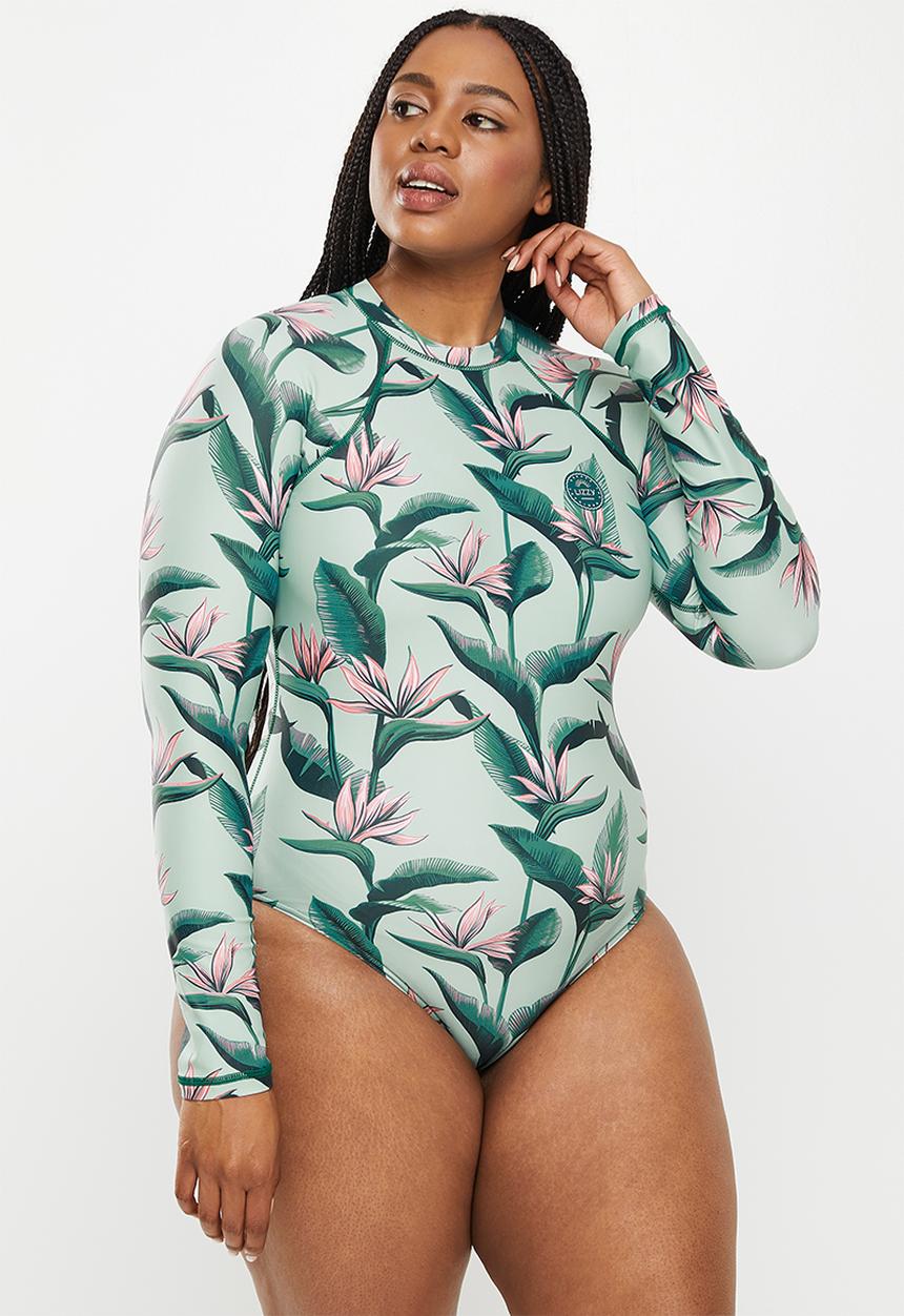 Lizzy - Plus anabette long sleeve swim - olive jungle strelitzia