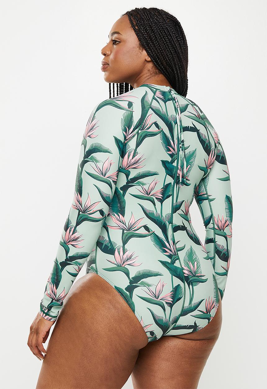 Lizzy - Plus anabette long sleeve swim - olive jungle strelitzia