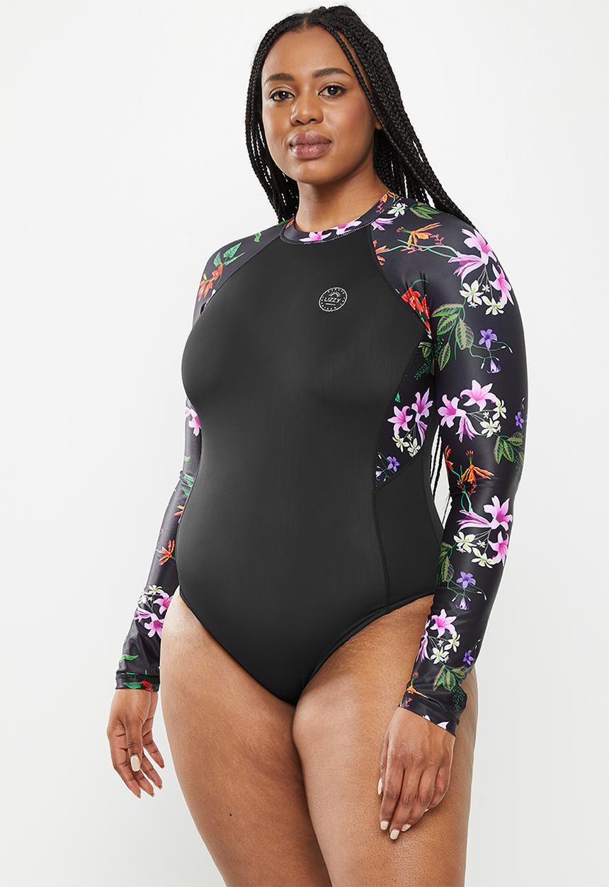 Lizzy - Plus magnoliette long sleeve swimsuit - dark bold botanical