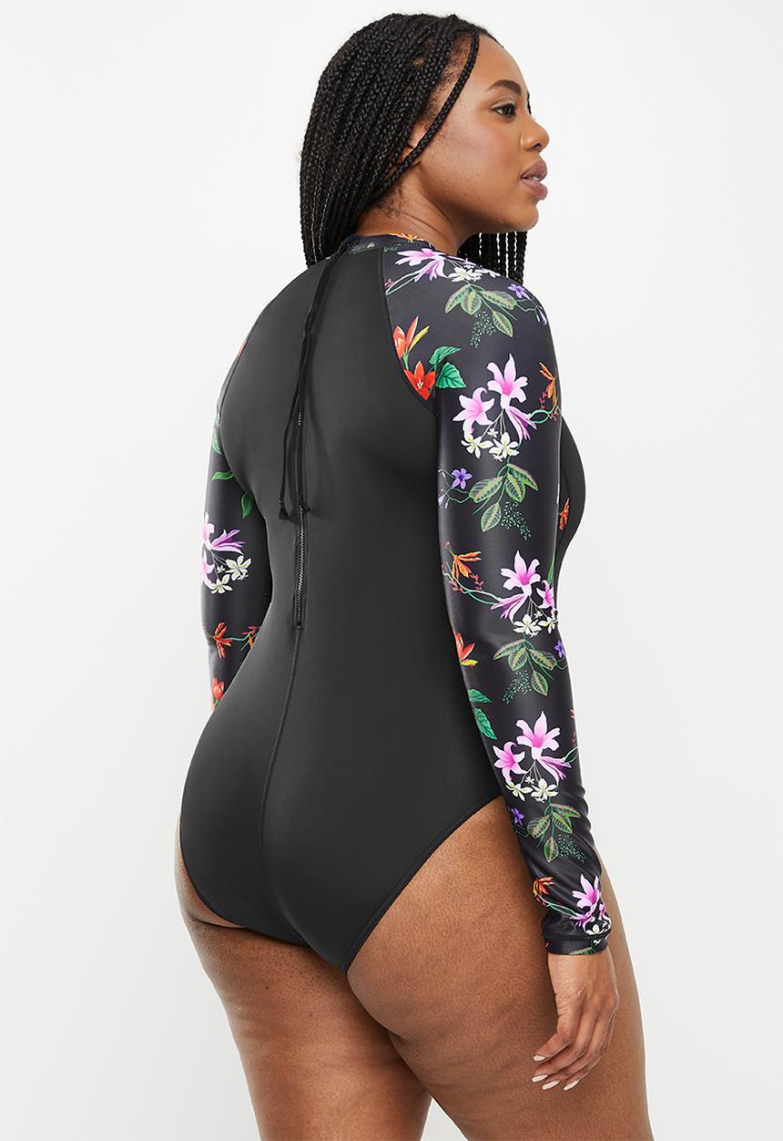 Lizzy - Plus magnoliette long sleeve swimsuit - dark bold botanical