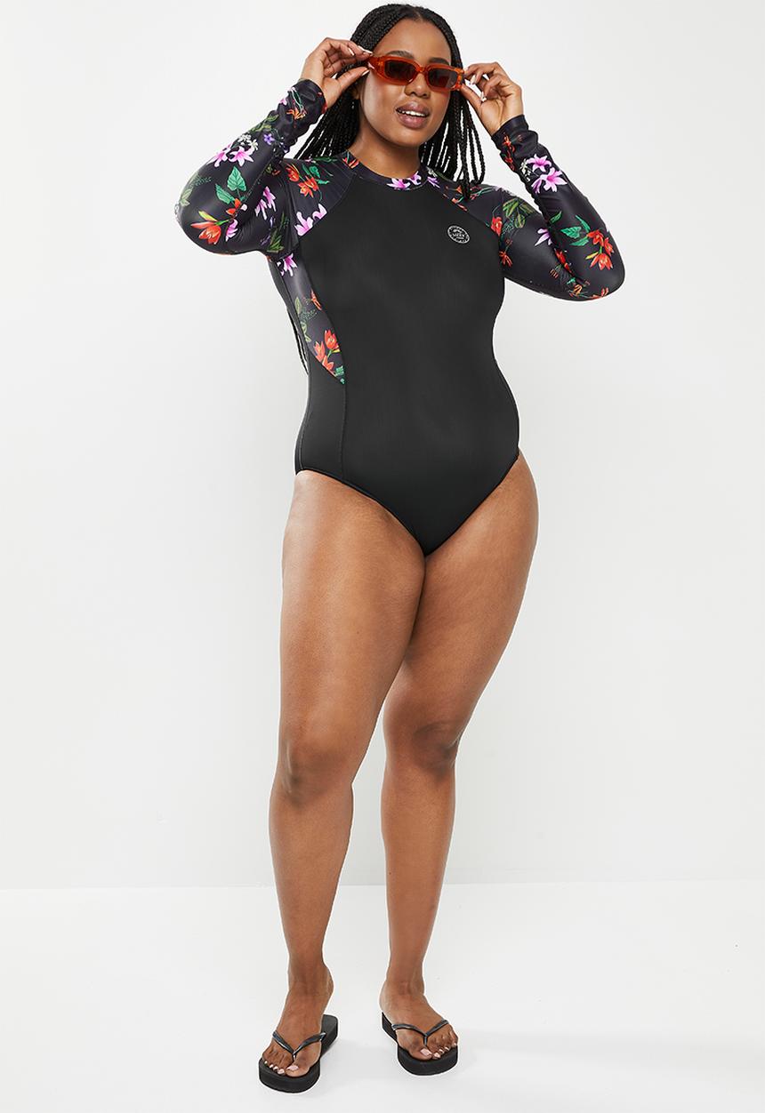 Lizzy - Plus magnoliette long sleeve swimsuit - dark bold botanical