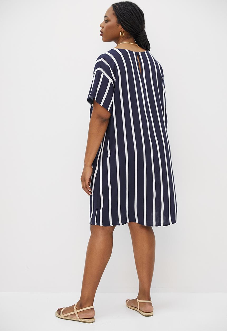 edit Plus - Basic woven shift dress - ink & white stripe