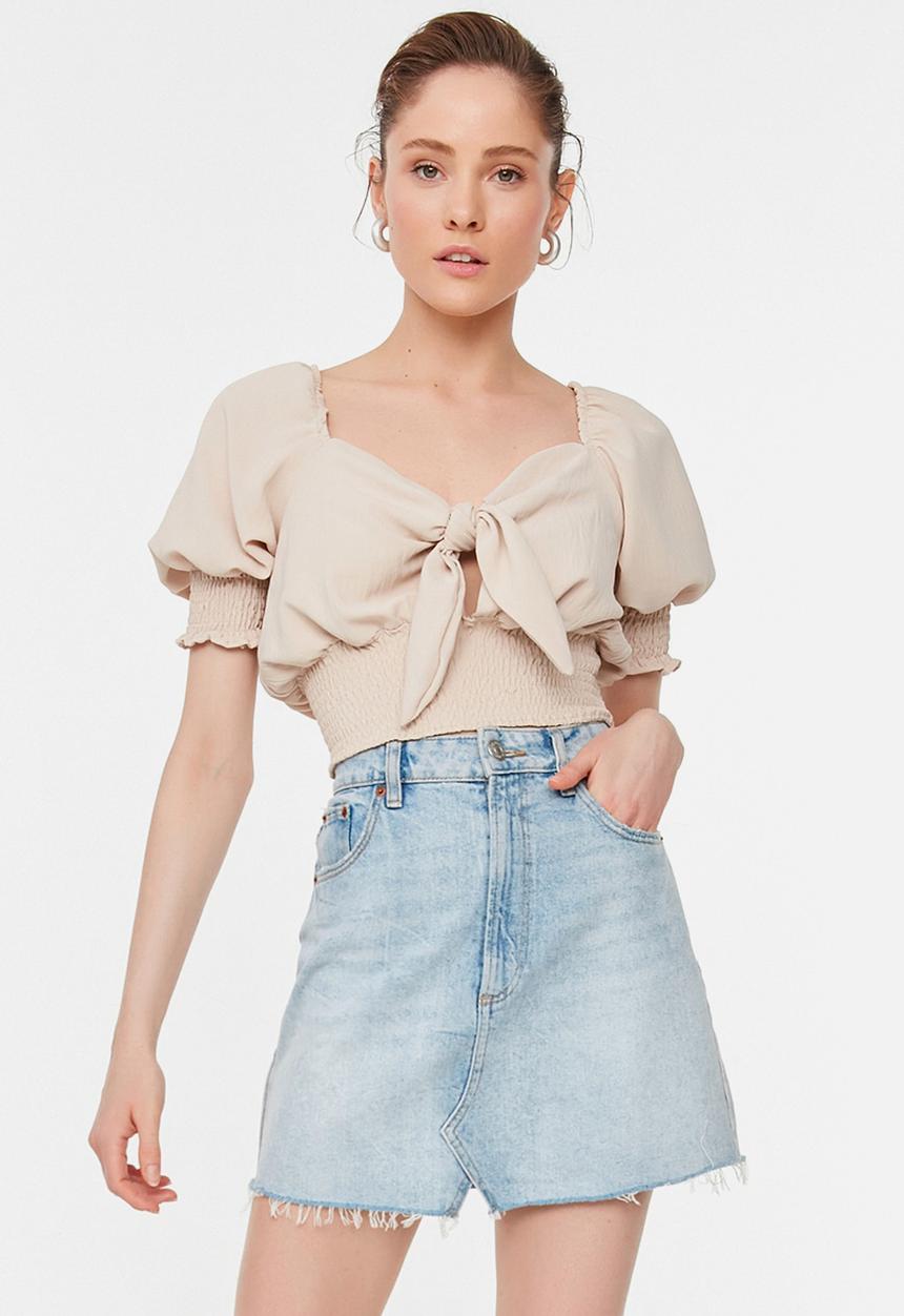 Trendyol - Tie detail crop blouse - mink