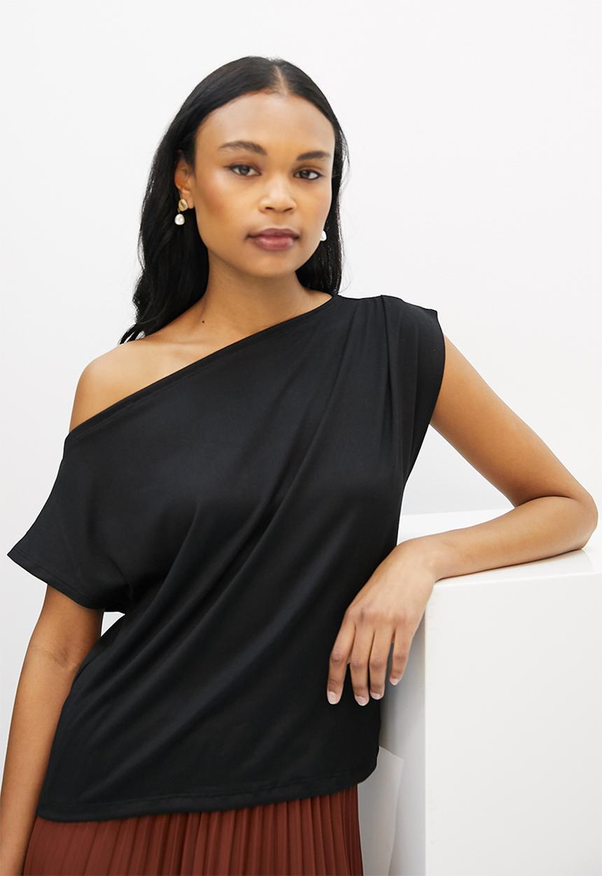 MILLA - Slash neck brushed knit top - black