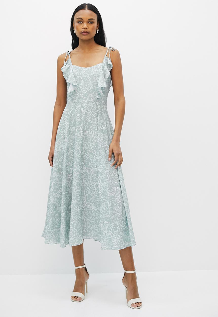 MILLA - Ruffle strap circle skirt with midi dress - sage wild flower line print