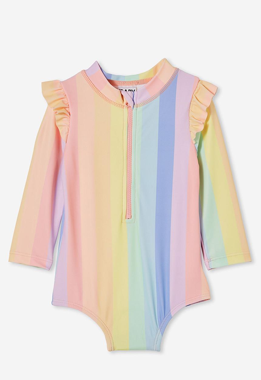 Cotton On - Nicky long sleeve ruffle swimsuit - bondi rainbow stripe