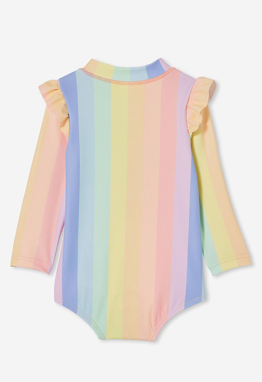 Cotton On - Nicky long sleeve ruffle swimsuit - bondi rainbow stripe