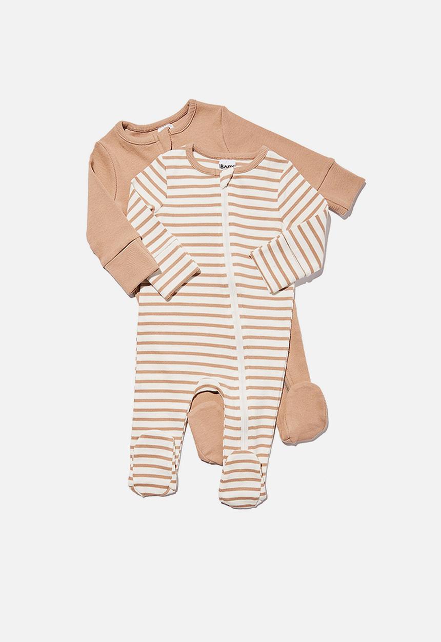Cotton On - 2 pack essentials zip romper - taupy brown
