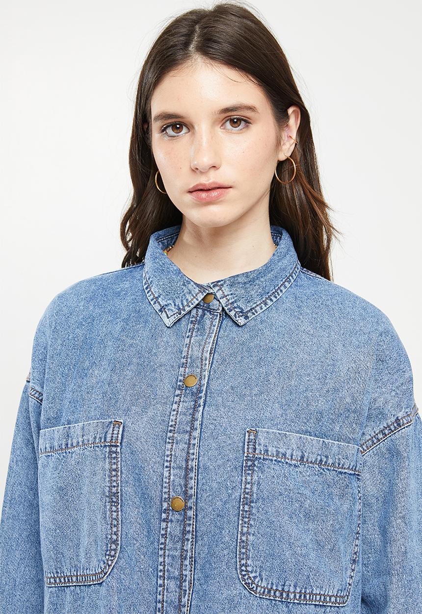 Cotton On - Oversized utility denim shirt - reef blue