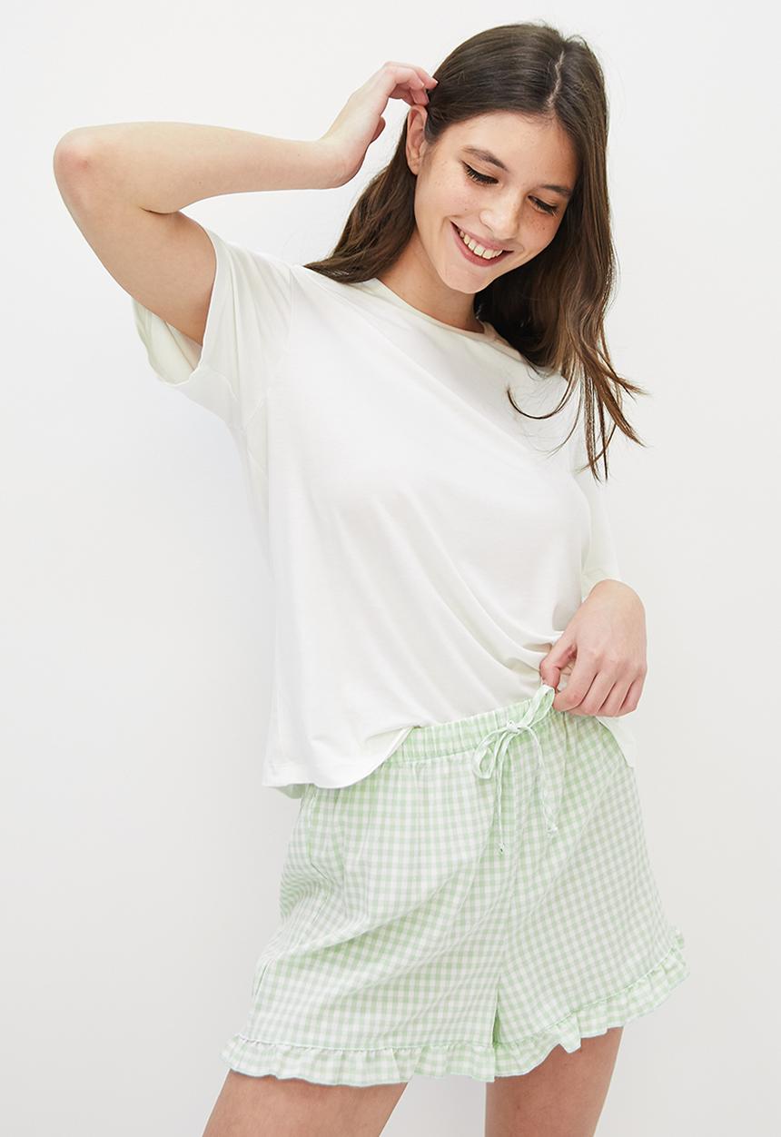 Blake - Woven check ruffle short & knit tee sleep set - sage check