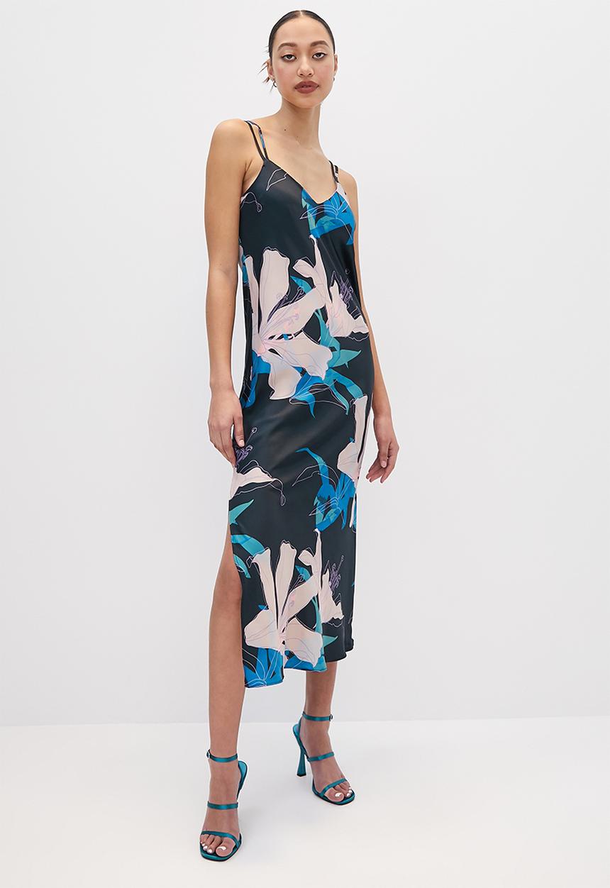 VELVET - Strappy satin slip dress with slits - large scale floral