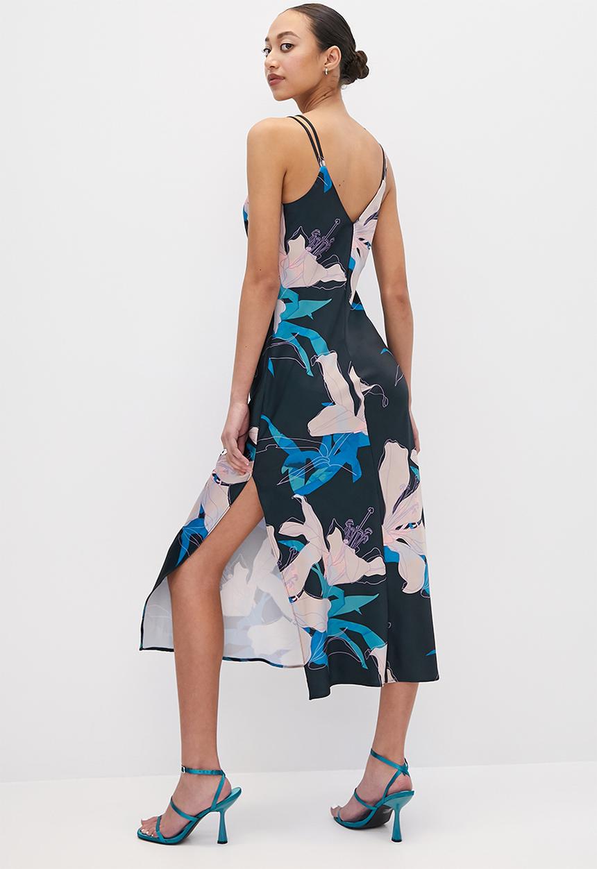 VELVET - Strappy satin slip dress with slits - large scale floral