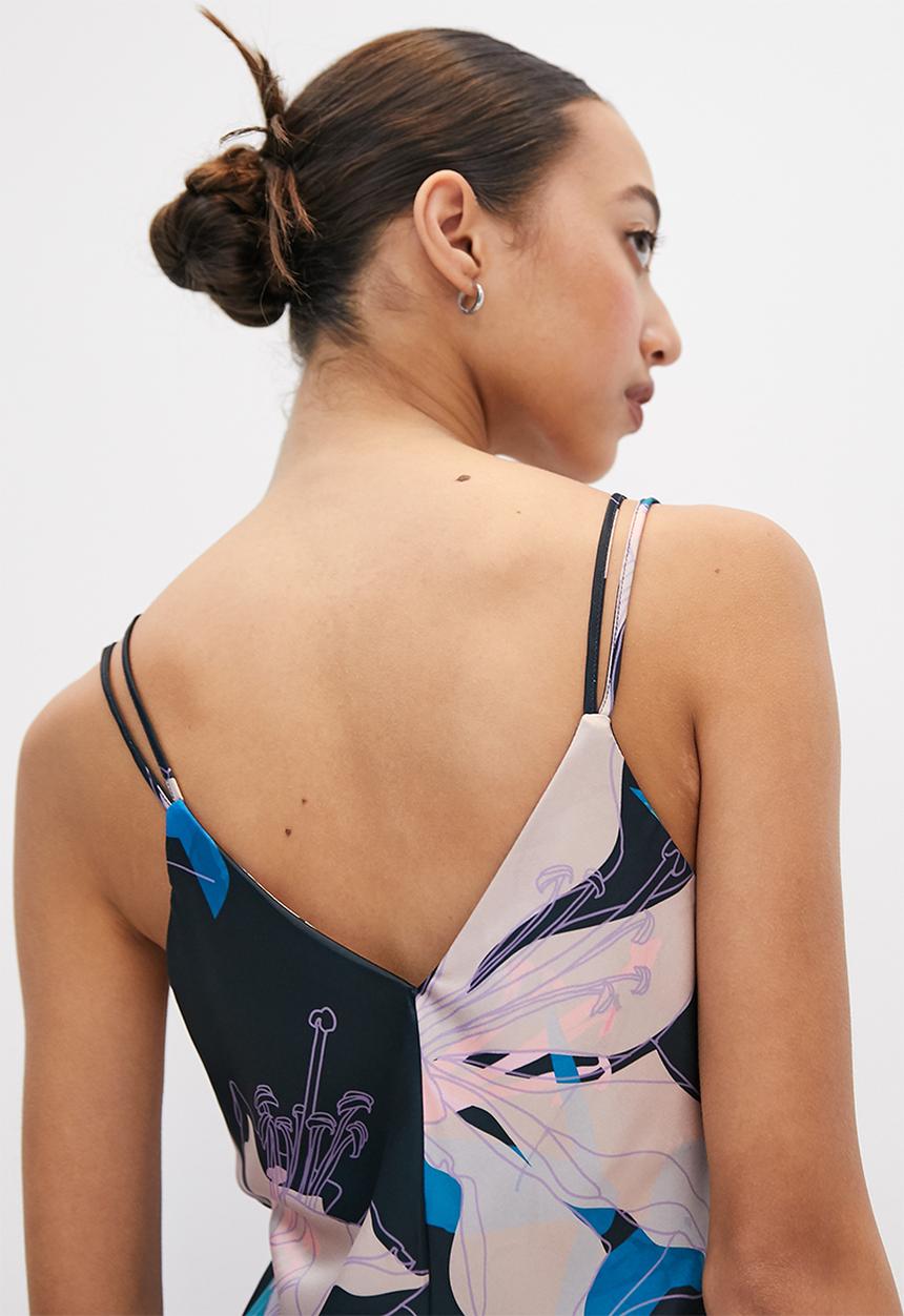 VELVET - Strappy satin slip dress with slits - large scale floral