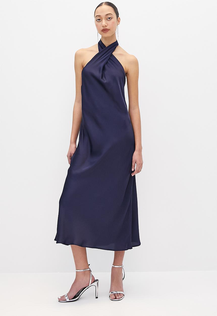 VELVET - Cross over halter neck midi slip dress - navy