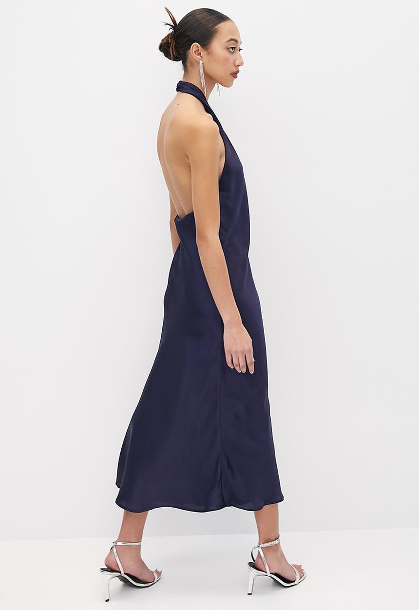 VELVET - Cross over halter neck midi slip dress - navy