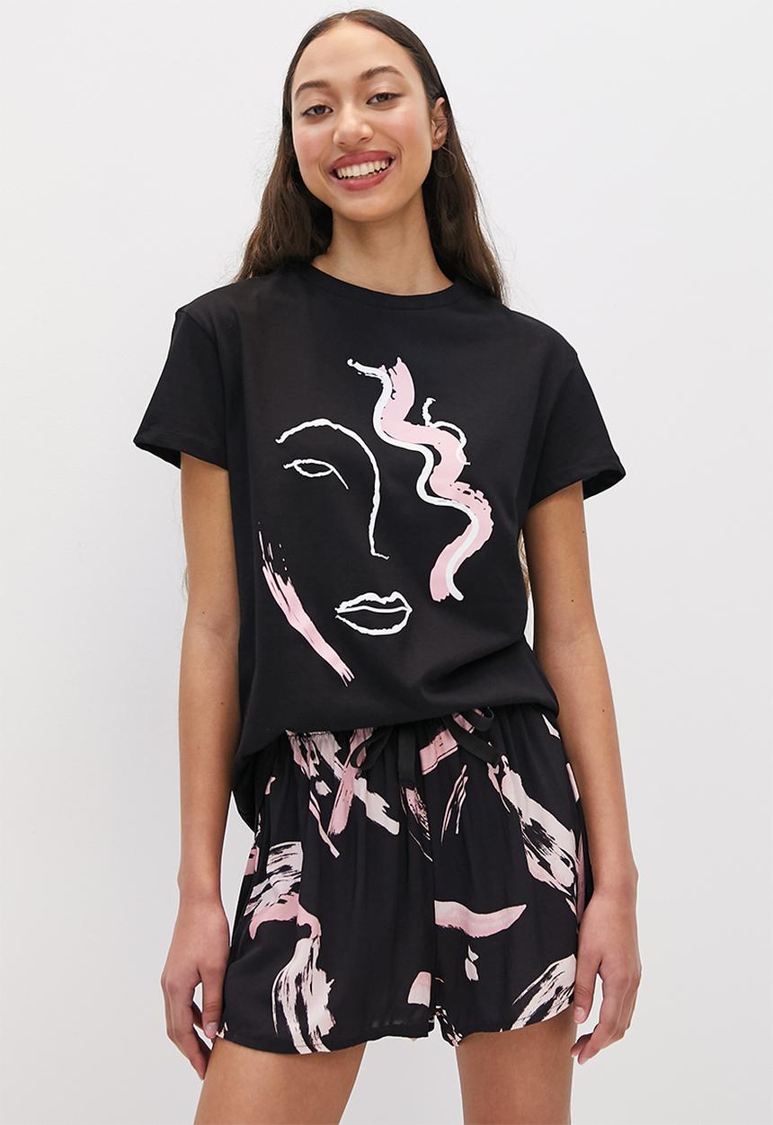 Superbalist - Shorts & tee set - black & pink brushstroke