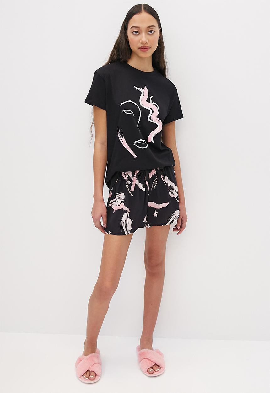 Superbalist - Shorts & tee set - black & pink brushstroke