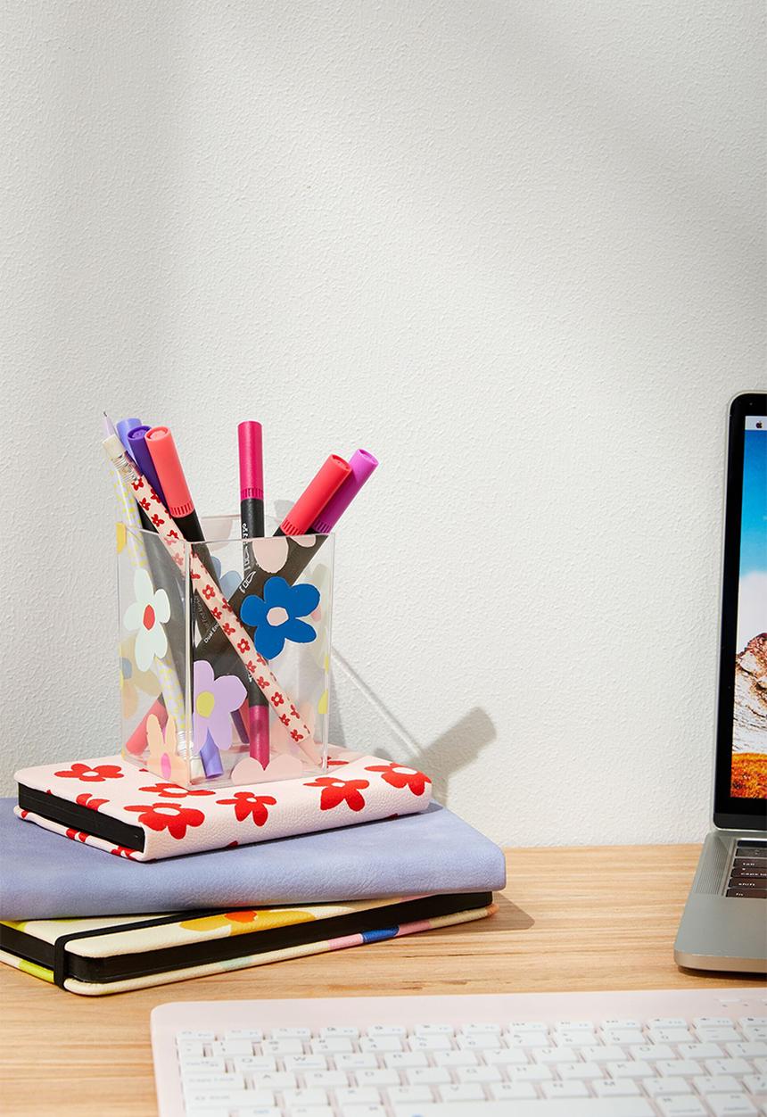 Typo - Acrylic pen holder - multi colour drawn daisy