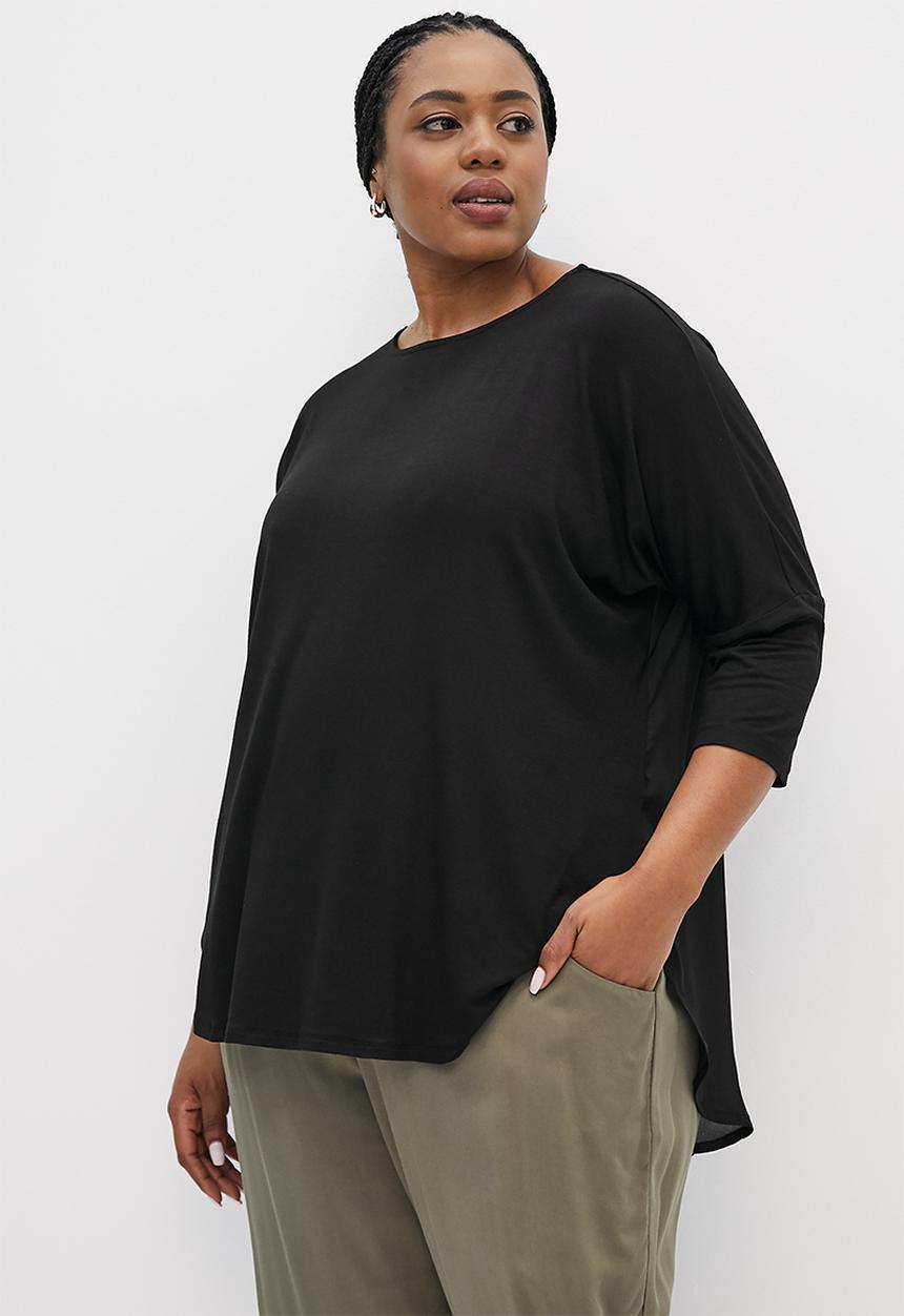 edit Plus - Knit woven curved hem longline tee - black