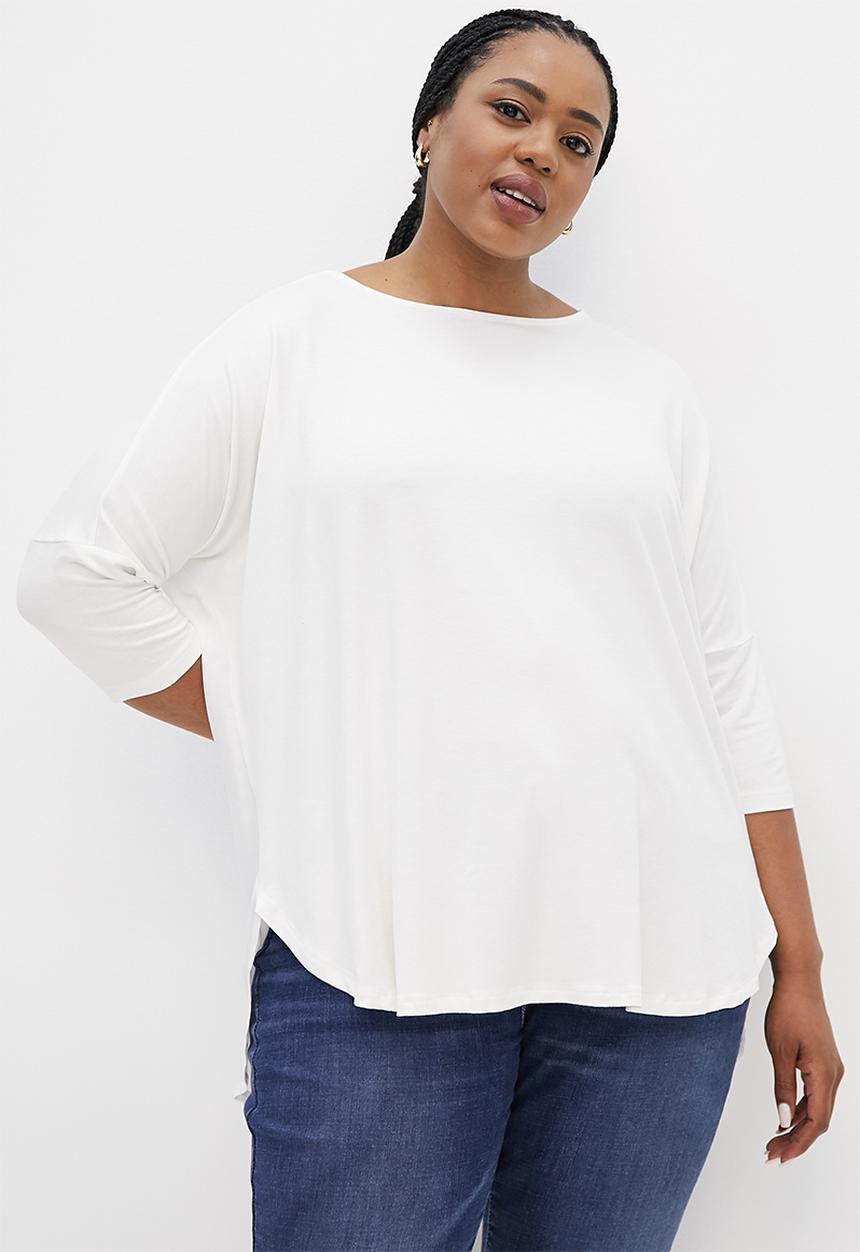 edit Plus - Knit woven curved hem longline tee - milk