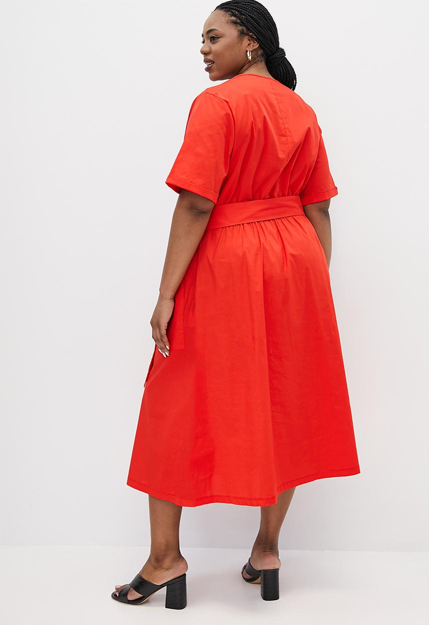 edit Plus - Short sleeve cotton wrap dress - red