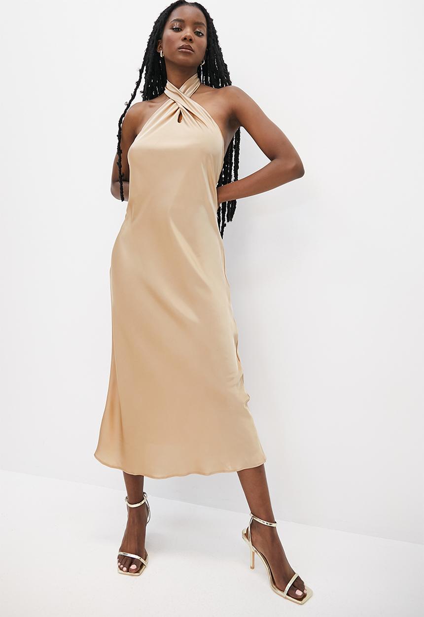 VELVET - Cross over halter neck midi slip dress - neutral