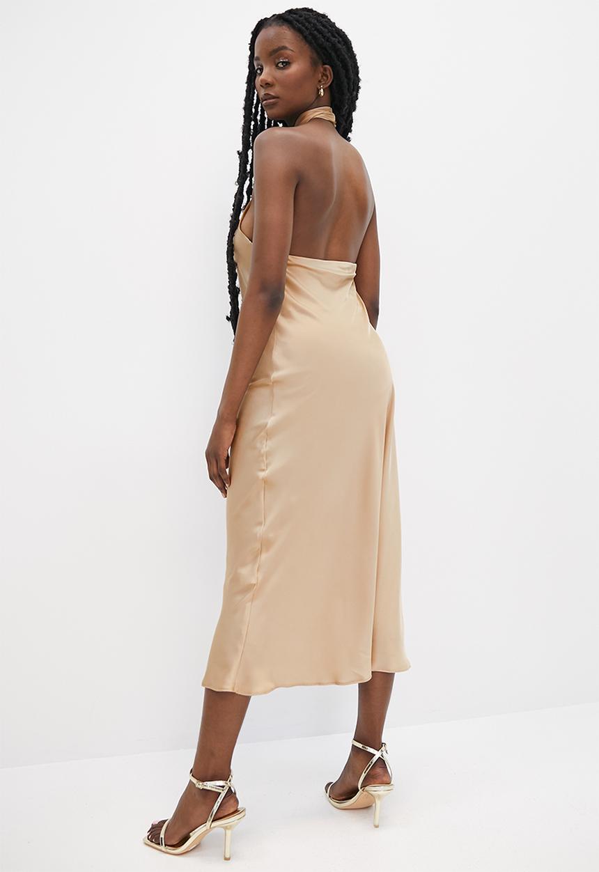 VELVET - Cross over halter neck midi slip dress - neutral