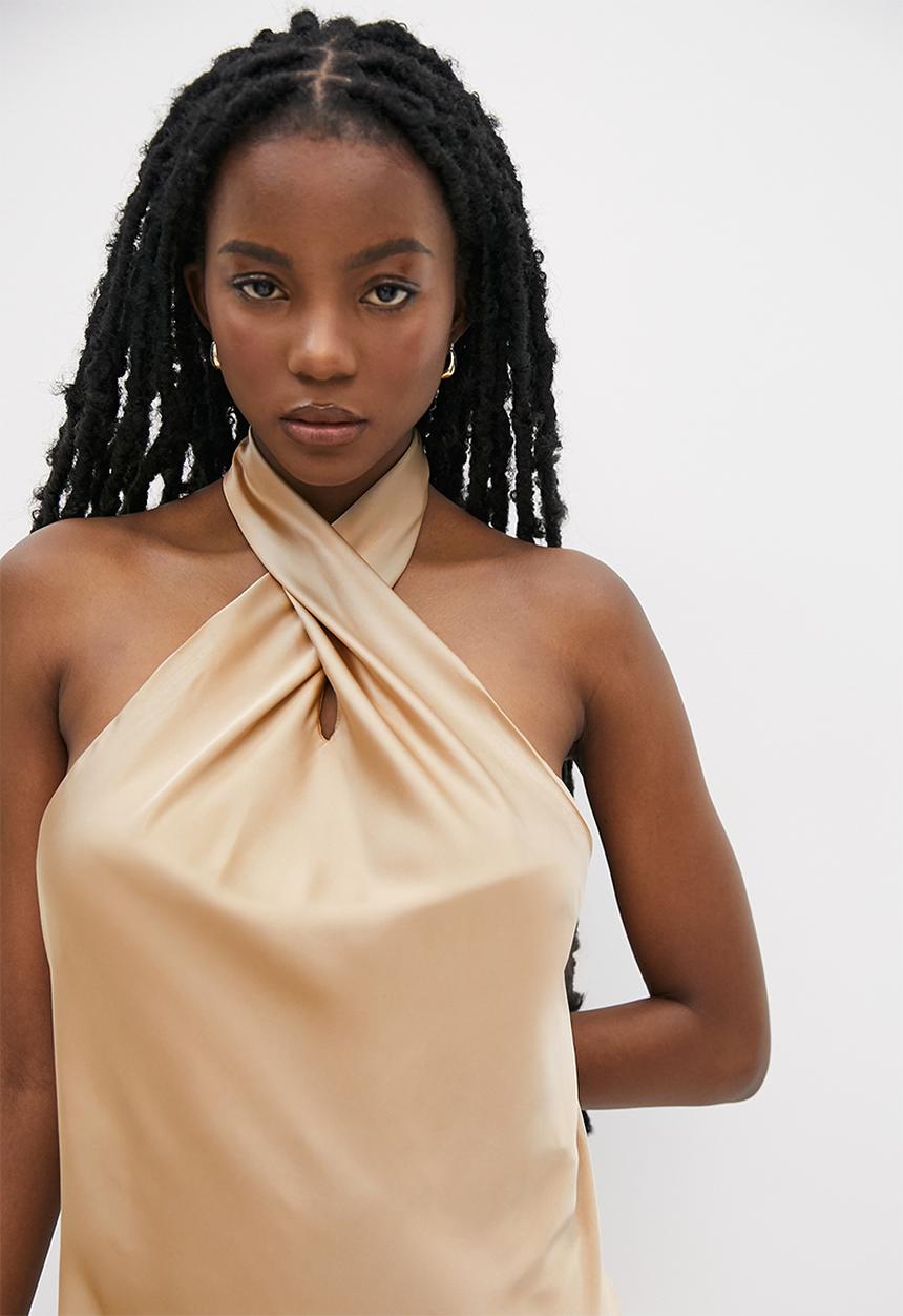 VELVET - Cross over halter neck midi slip dress - neutral