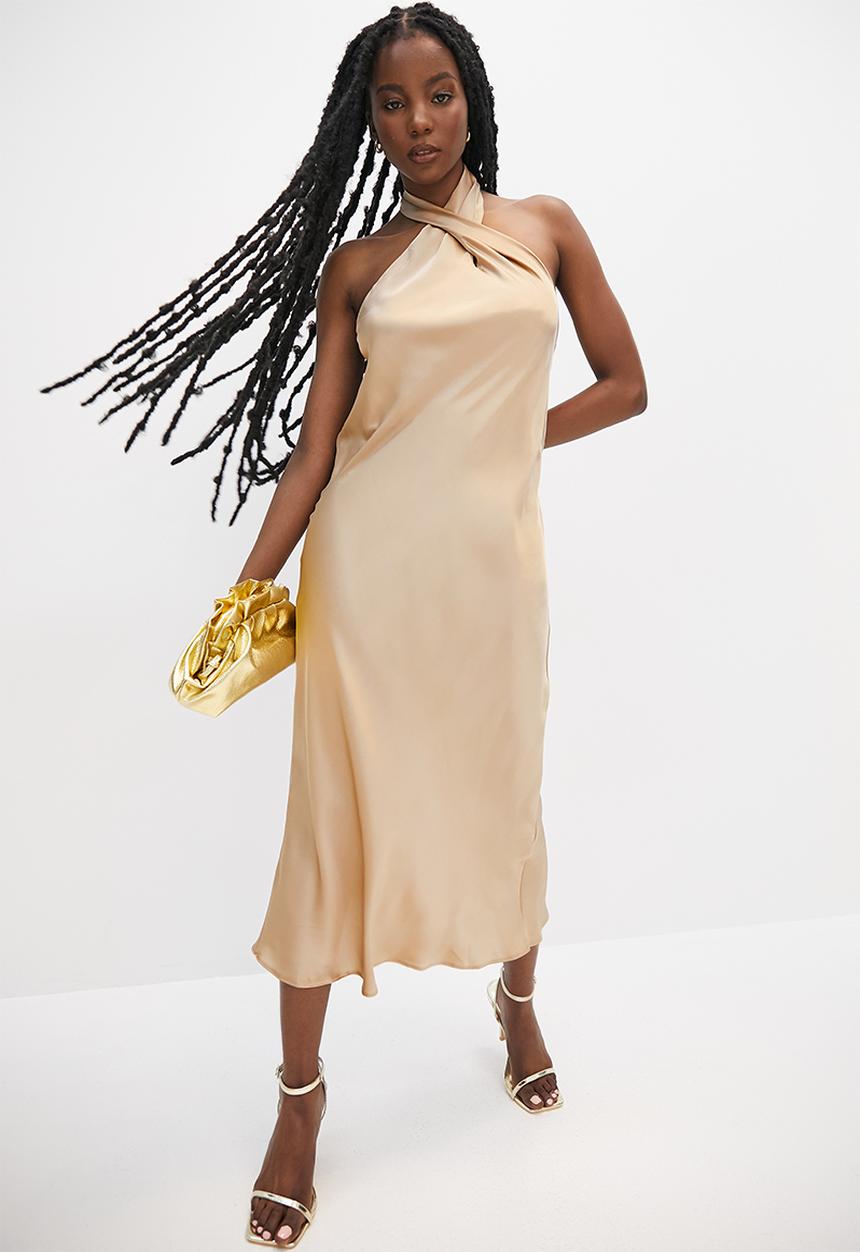 VELVET - Cross over halter neck midi slip dress - neutral