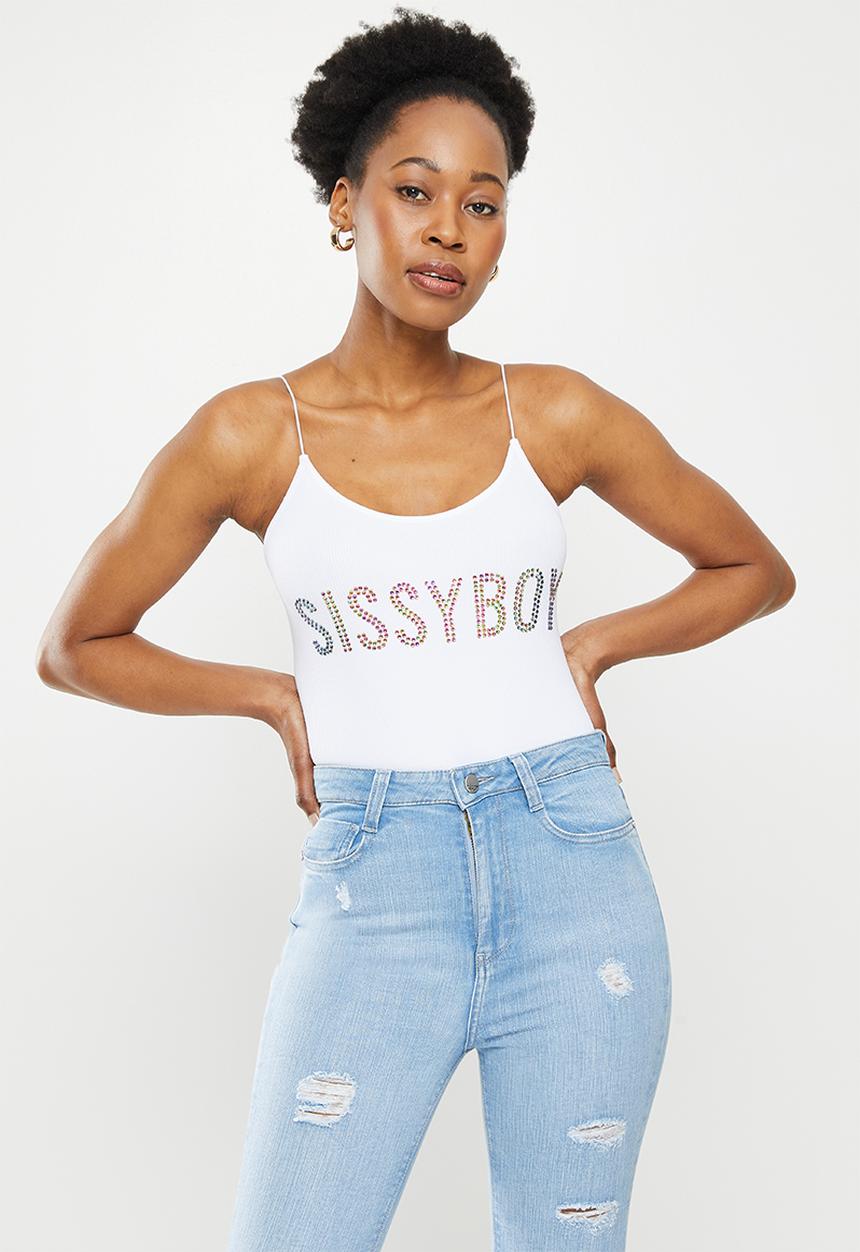 SISSY BOY - Seamless bodysuit with bling logo - white