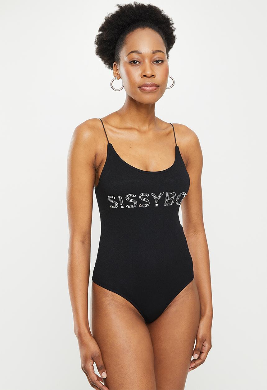 SISSY BOY - Seamless bodysuit with bling logo - black