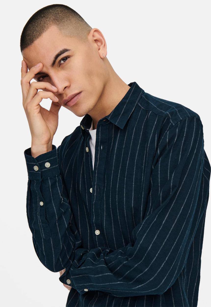 Only & Sons - Caiden stripe linen shirt - dark navy