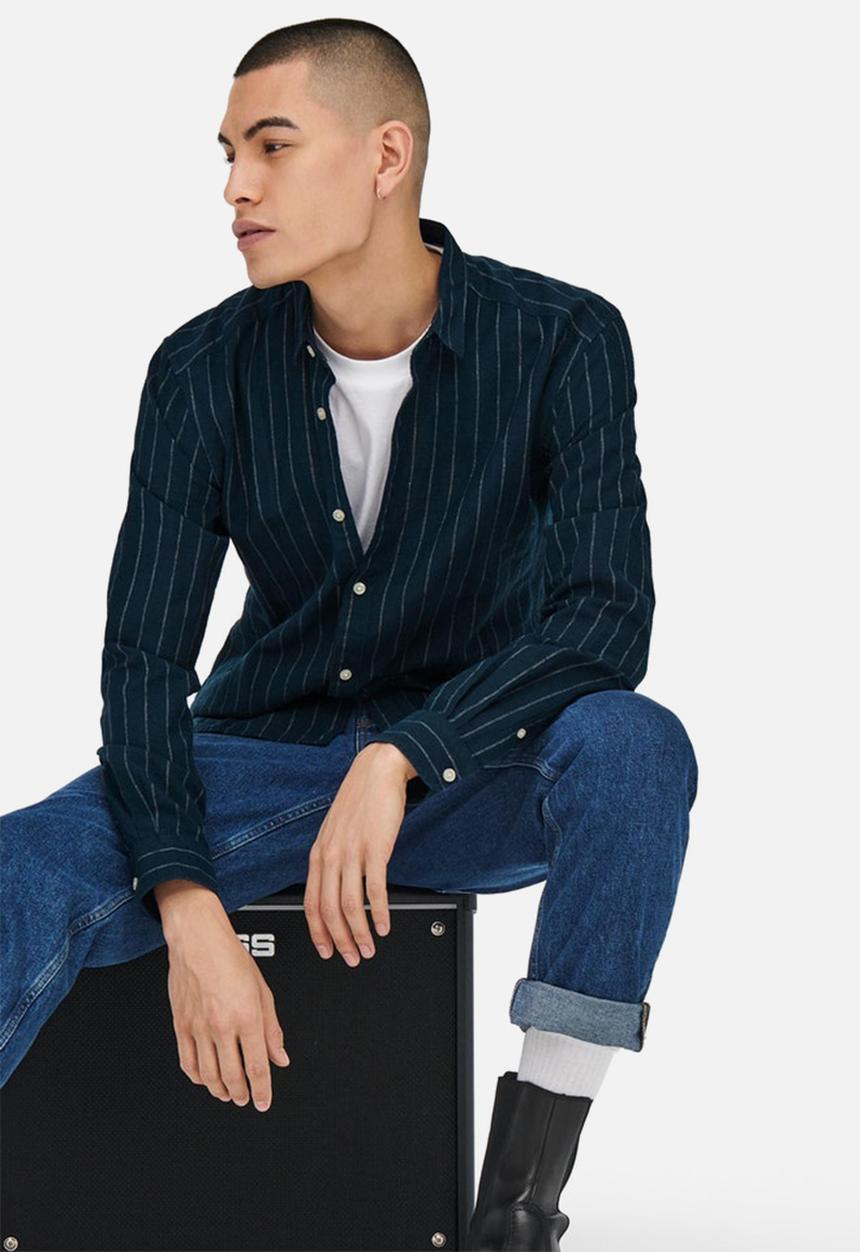 Only & Sons - Caiden stripe linen shirt - dark navy