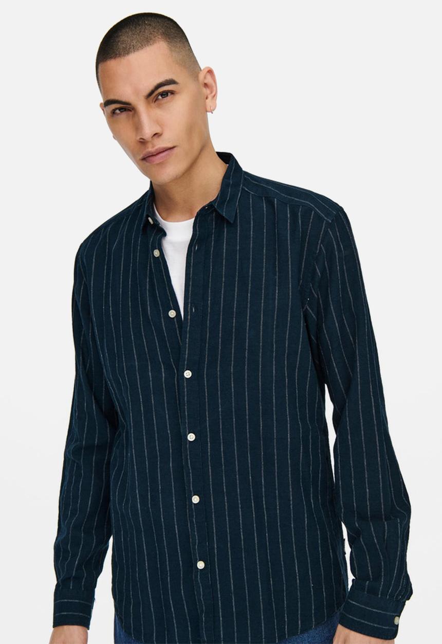 Only & Sons - Caiden stripe linen shirt - dark navy
