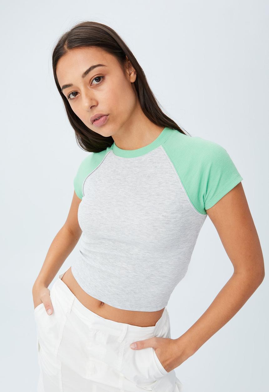 Cotton On - Amber raglan short sleeve tee - light grey marle/ sunfaded green