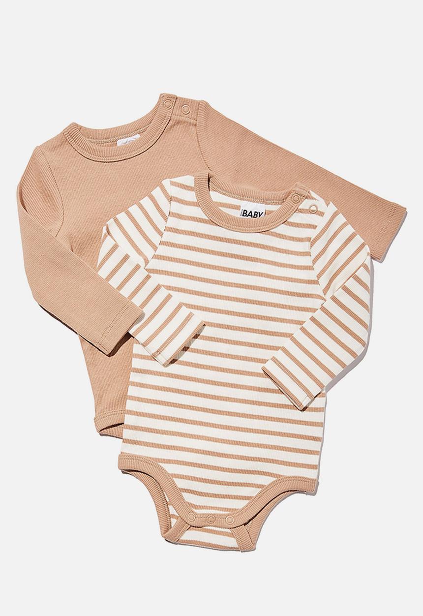 Cotton On - 2 Pack essentials long sleeve bubbysuit - taupy brown