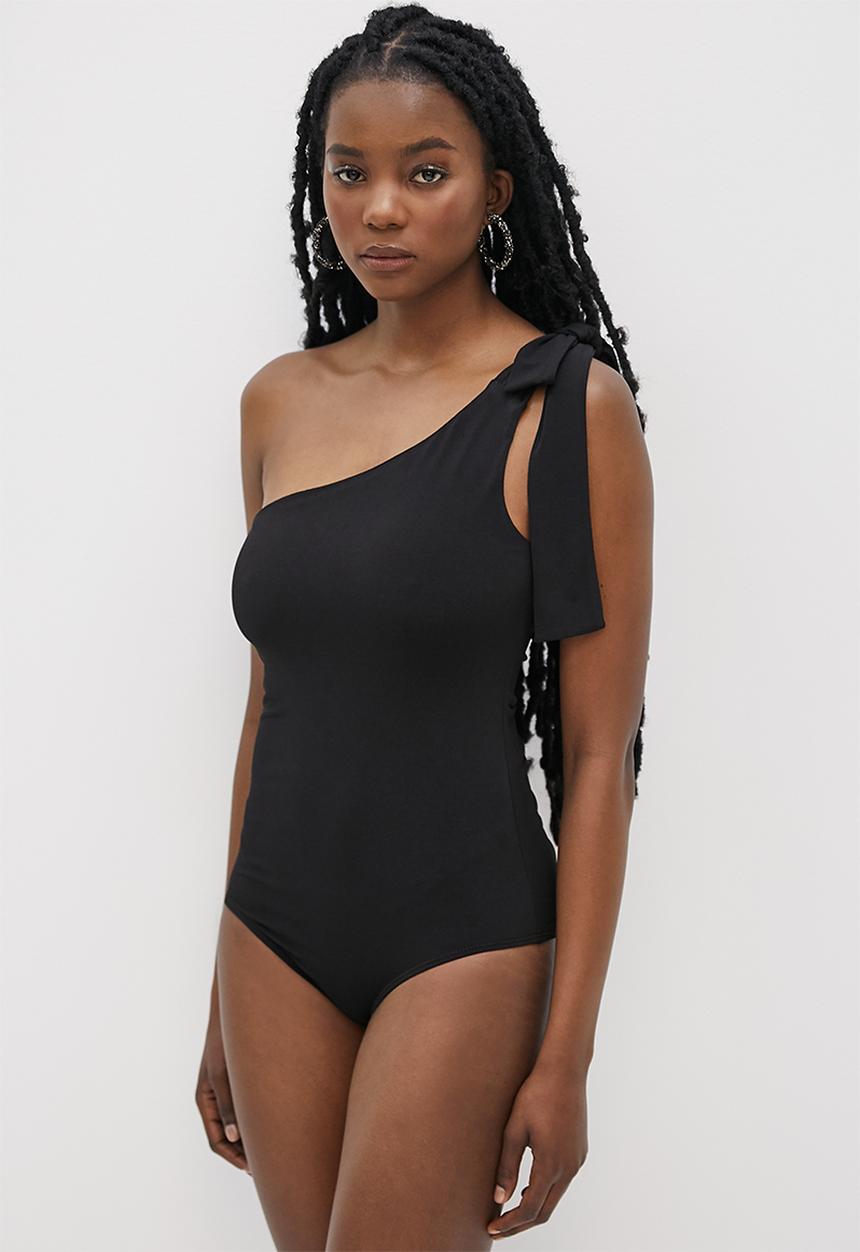 VELVET - Asymmetric tie shoulder bodysuit - black