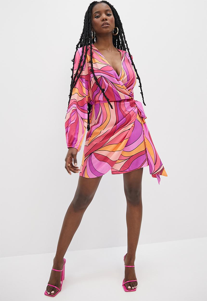 VELVET - Printed mini wrap dress - retro fuschia