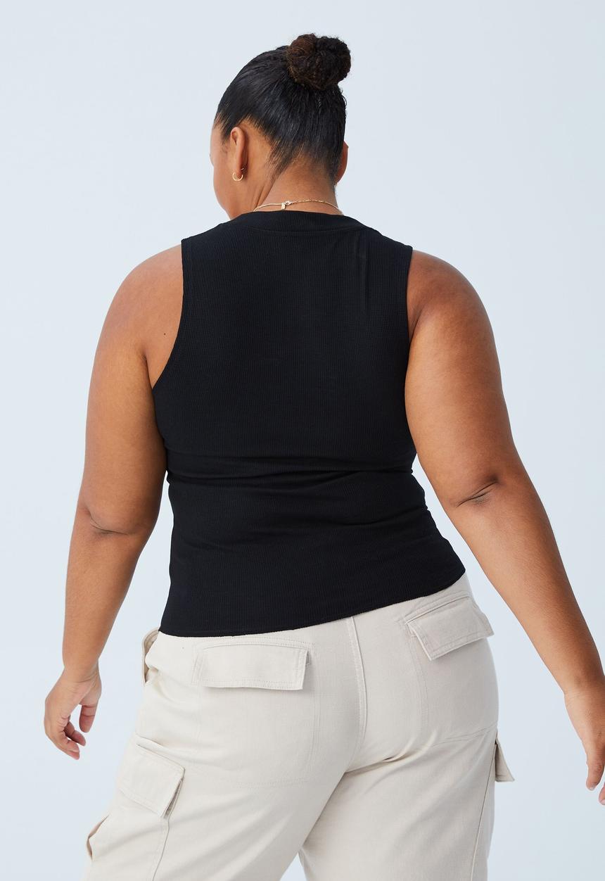 Cotton On - Curve waffle tank - black