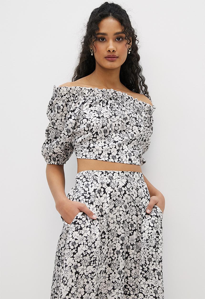 MILLA - Co-ord bardot ruffle top - retro mono floral