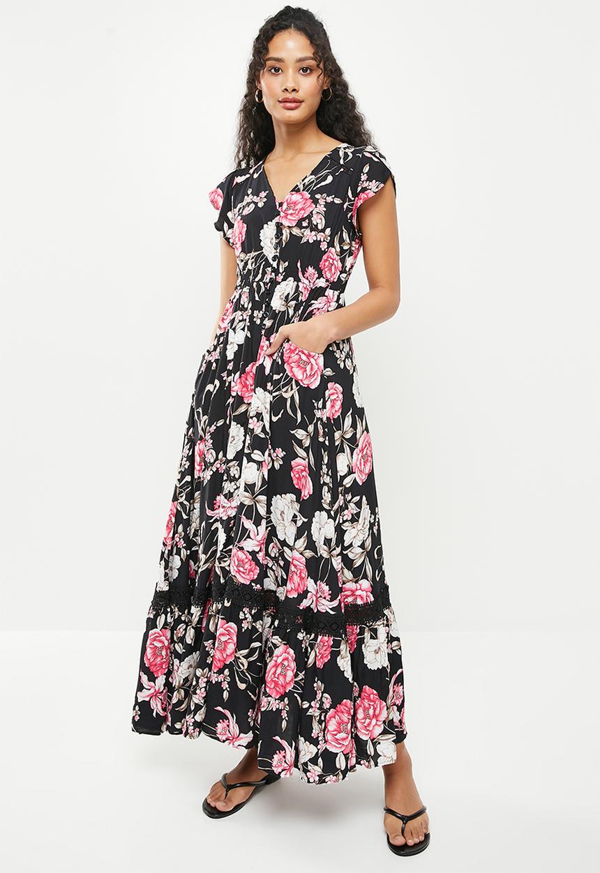 Stella Morgan - Floral maxi dress with frill sleeve - black